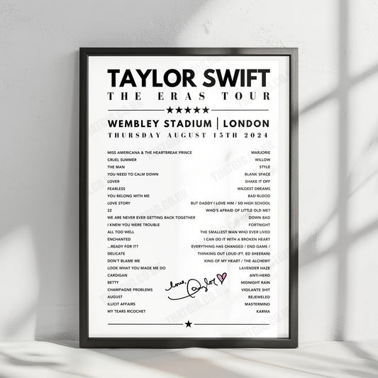 Taylor Swift Setlist Poster - Wembley, London - 15th August 2024