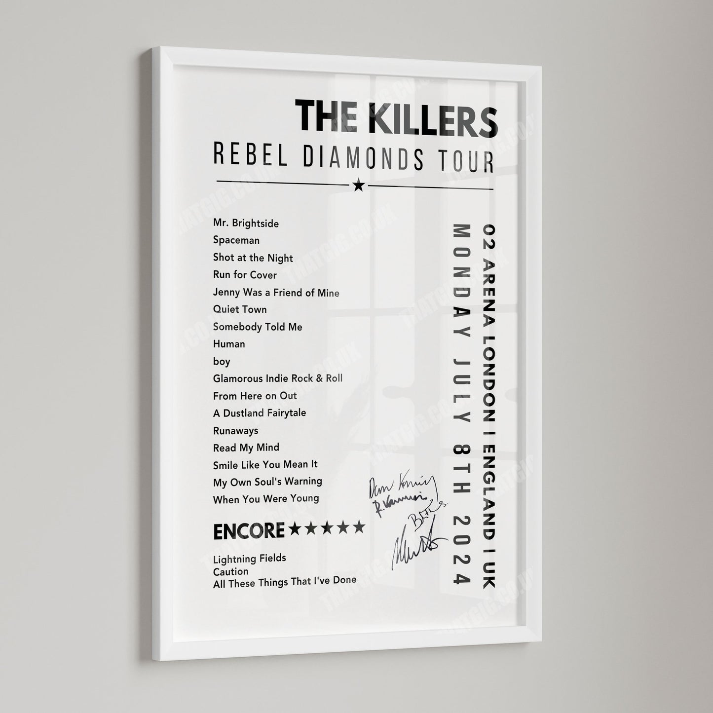 The Killers Setlist Poster - 02 Arena, London, England on July 8th, 2024