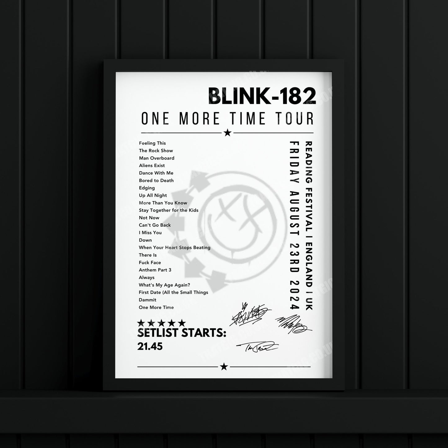 Blink-182 Setlist Poster - Reading Festival, England - 23rd August 2024