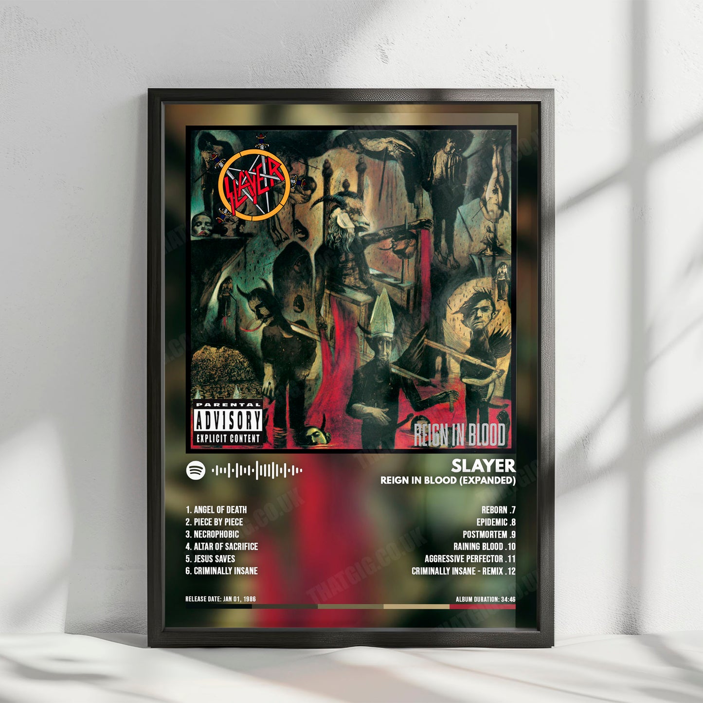 Slayer "Reign in Blood " Album Cover Poster - with Complete Tracklist