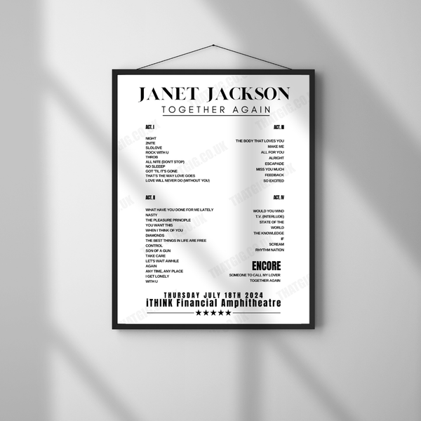 Janet Jackson Setlist Poster - iTHINK Financial Amphitheatre, West Palm Beach - July 18th, 2024