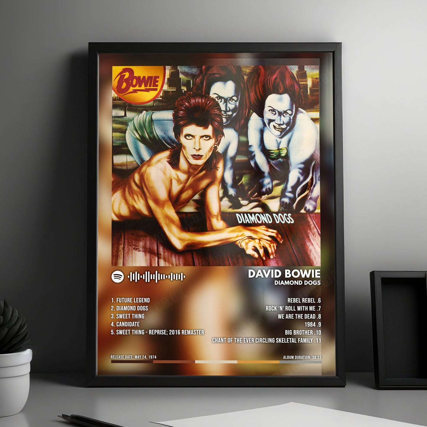 David Bowie "Diamond Dogs" Album Cover Poster - with Complete Tracklist