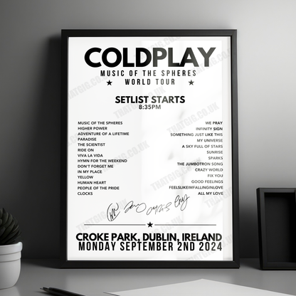 Coldplay Setlist Poster - Croke Park, Dublin - September 2nd 2024