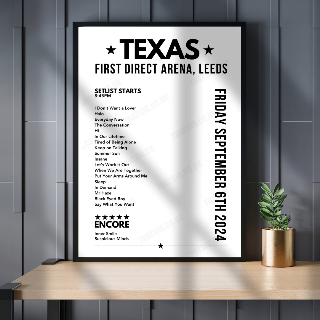 Texas Setlist Poster - First Direct Arena, Leeds | September 6th, 2024 ...