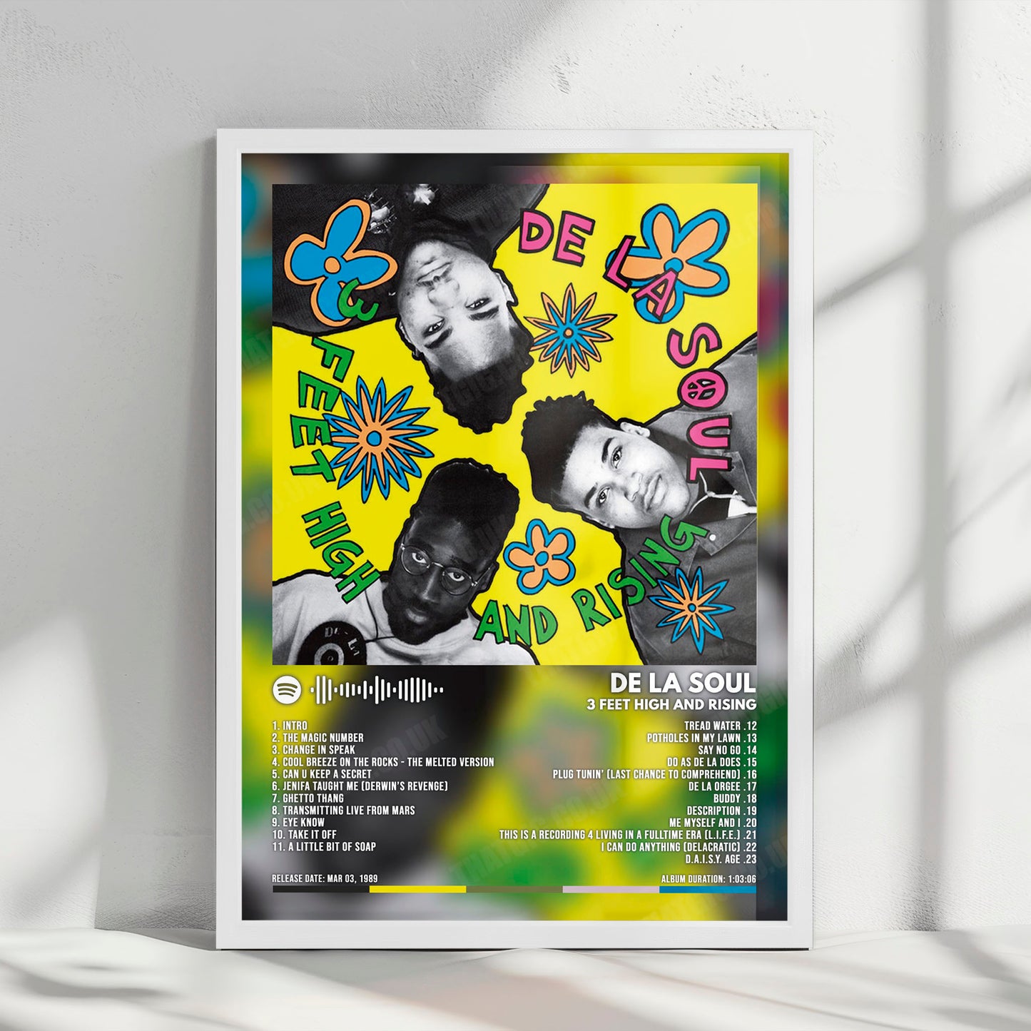 De La Soul "3 Feet High and Rising" Album Cover Poster - with Complete Tracklist A3 White Frame