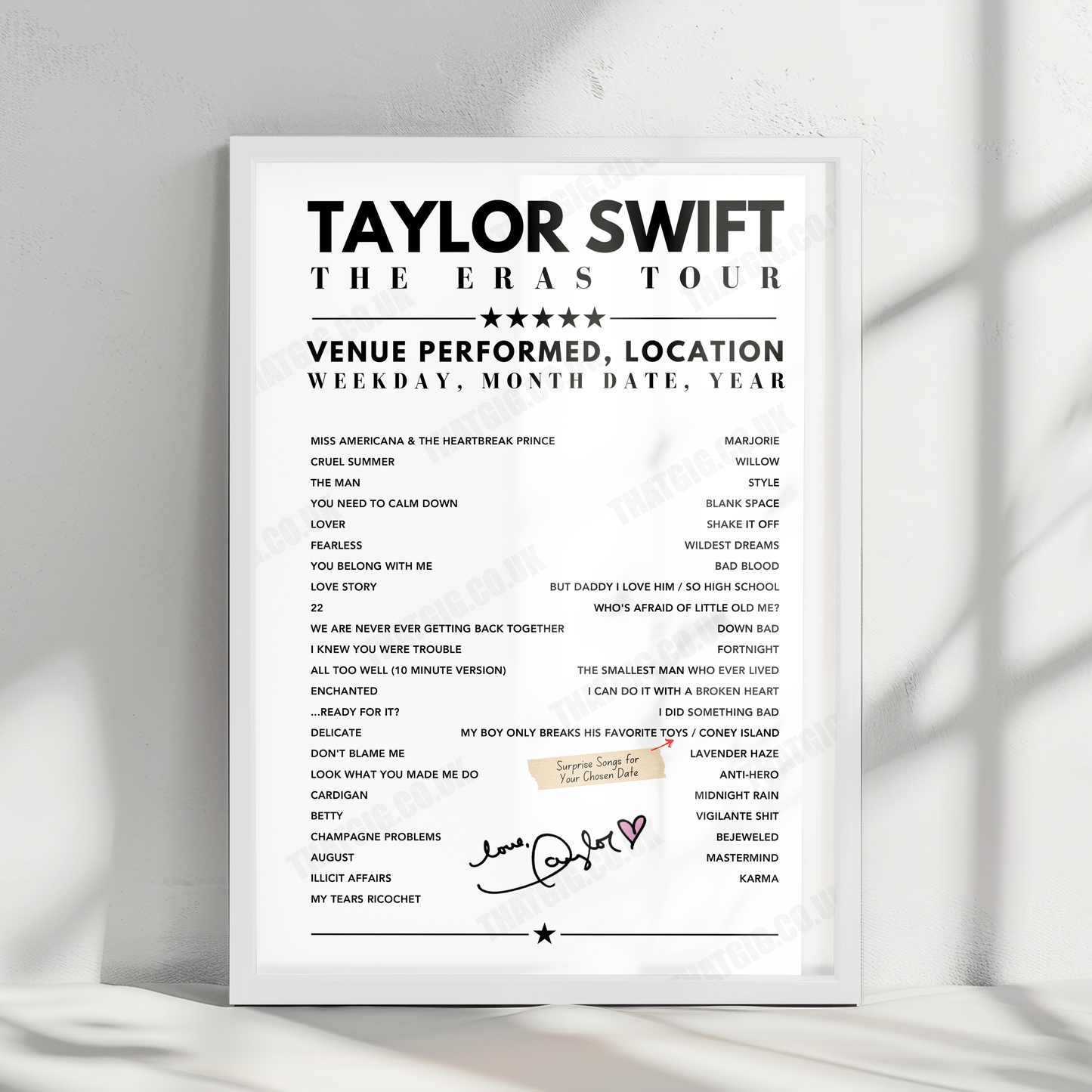 Taylor Swift Setlist Poster - Gillette Stadium, Foxborough - May 19th, 2023