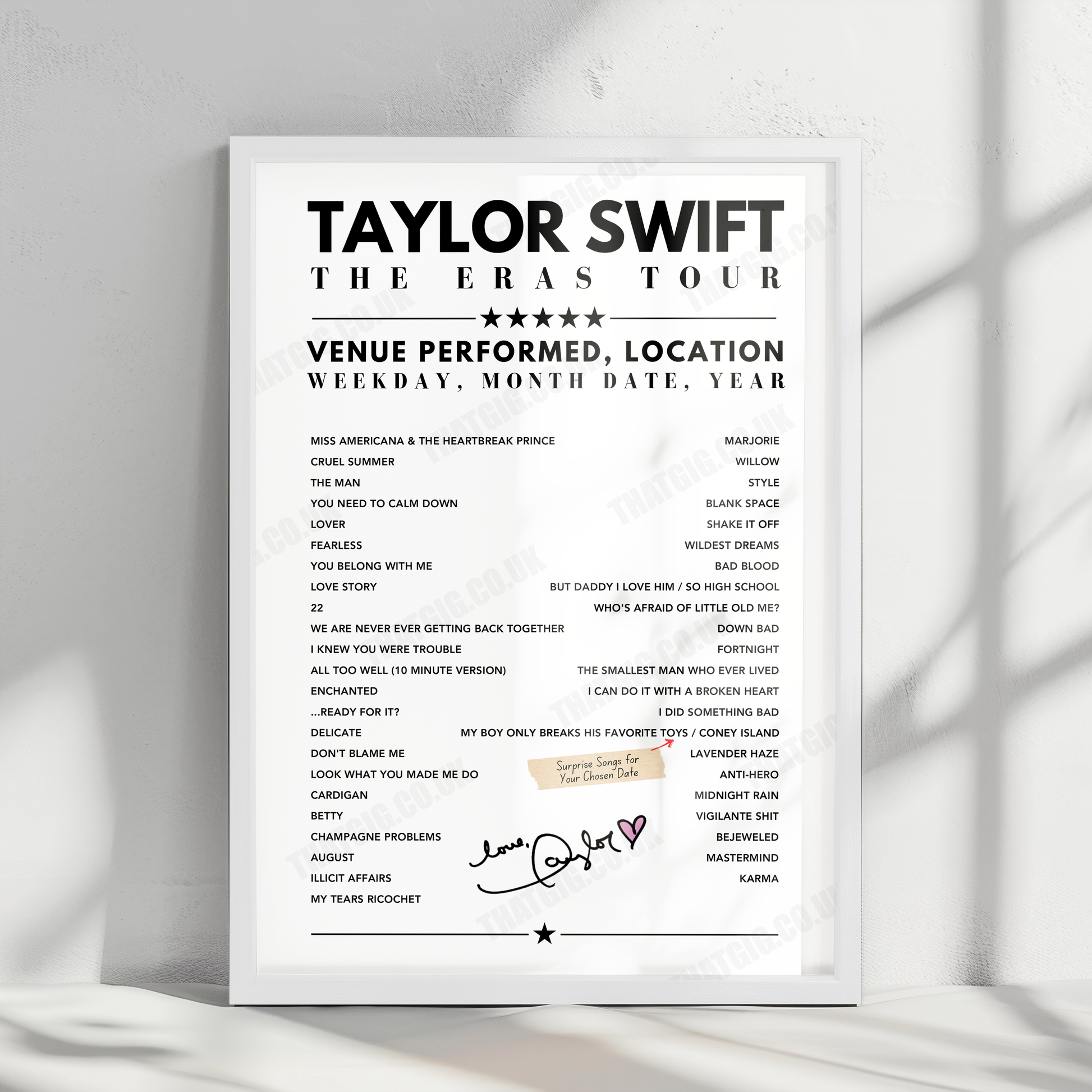 Taylor Swift Setlist Poster - Gillette Stadium, Foxborough - May 19th, 2023
