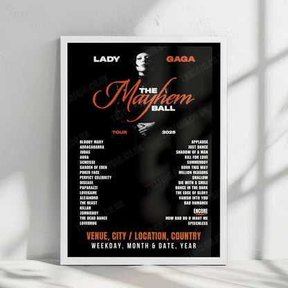 Lady Gaga Setlist Poster - The O2 Arena, London - October 2nd, 2025