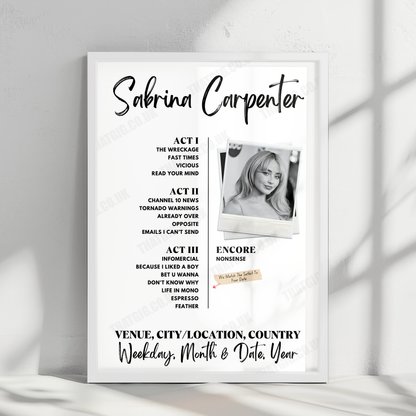 Sabrina Carpenter Setlist Poster - Scotiabank Arena, Toronto, ON, Canada - September 25th, 2024