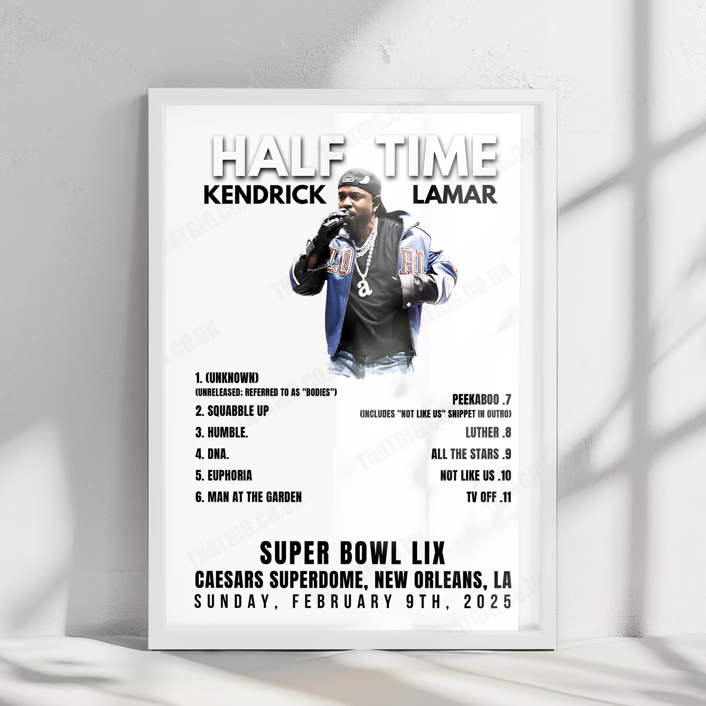 Kendrick Lamar Setlist Poster - Halftime Super Bowl LIX, Caesars Superdome, New Orleans - February 9th, 2025