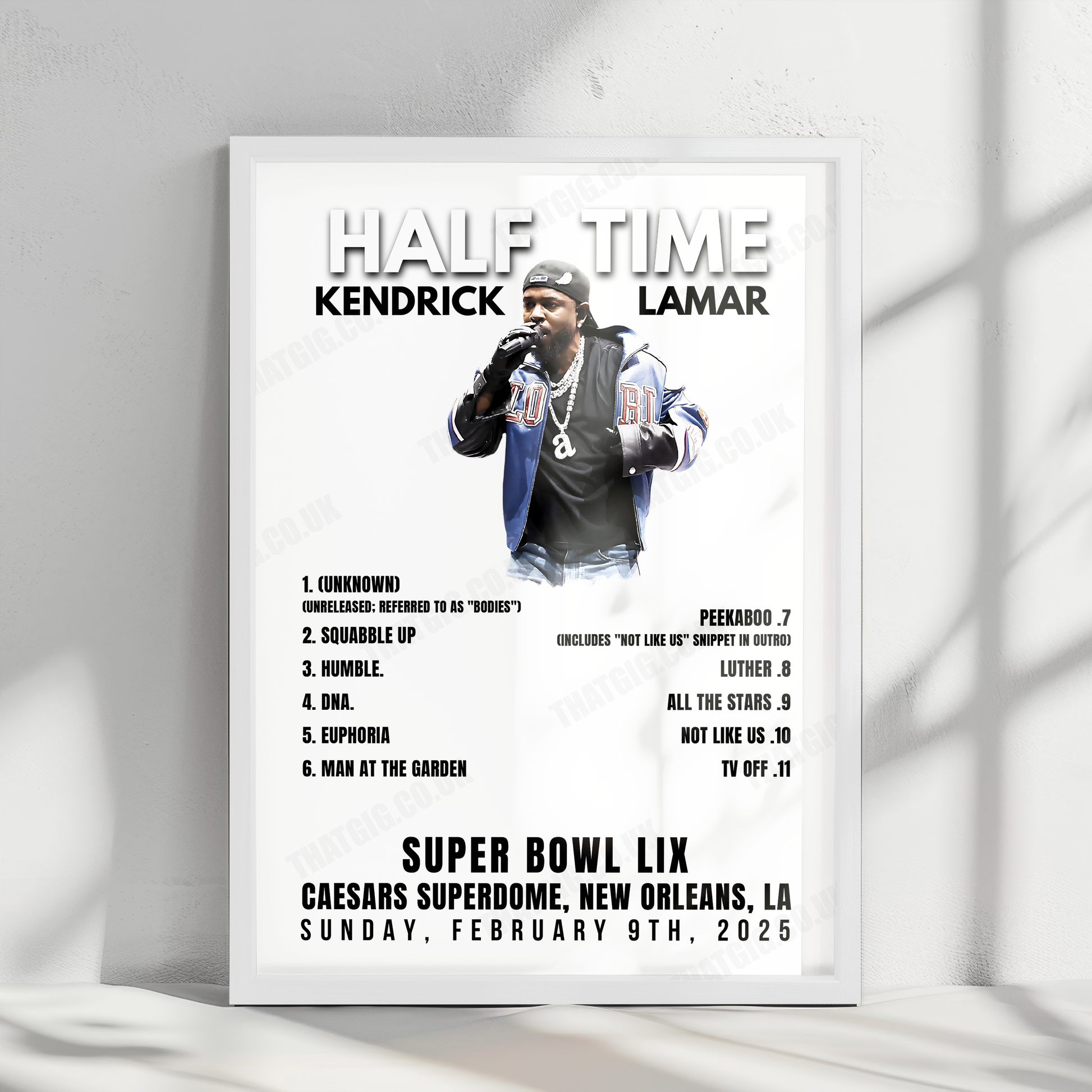 Kendrick Lamar Setlist Poster - Halftime Super Bowl LIX, Caesars Superdome, New Orleans - February 9th, 2025