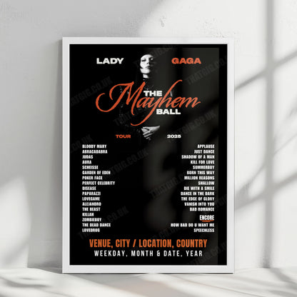 Lady Gaga Setlist Poster - Accor Stadium, Sydney - December 13th, 2025