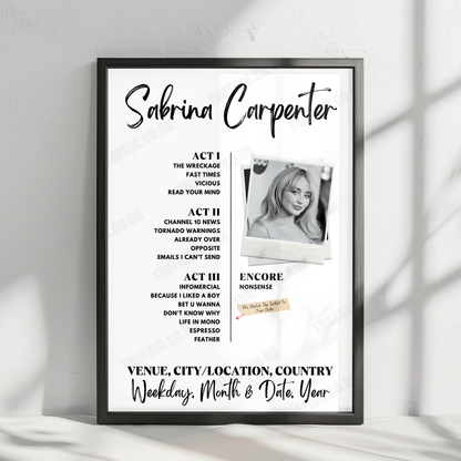 Sabrina Carpenter Setlist Poster - Scotiabank Arena, Toronto, ON, Canada - September 25th, 2024