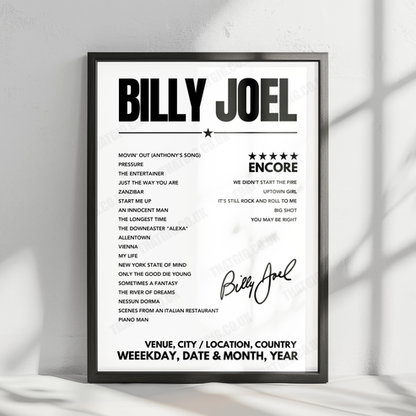 Billy Joel Setlist Poster - Madison Square Garden - January 11th, 2024