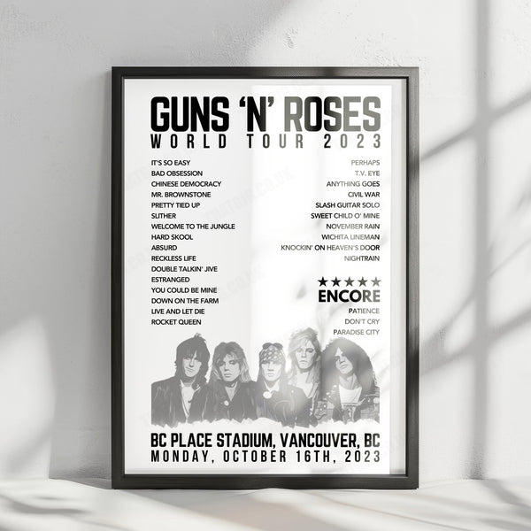 Guns N’ Roses Setlist Poster - BC Place Stadium, Vancouver - October 16th, 2023