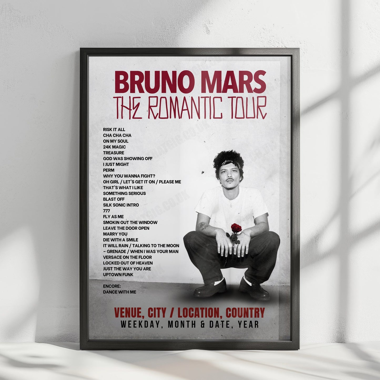 Bruno Mars Setlist Poster - Stadio Giuseppe Meazza, Milan - July 14th, 2026