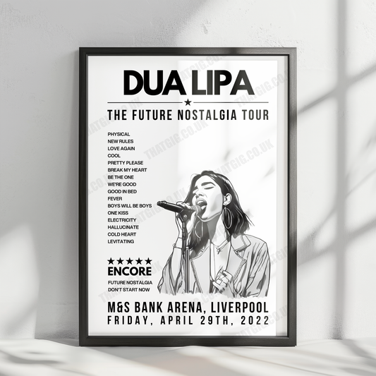 Dua Lipa Setlist Poster - M&S Bank Arena, Liverpool - April 29th, 2022