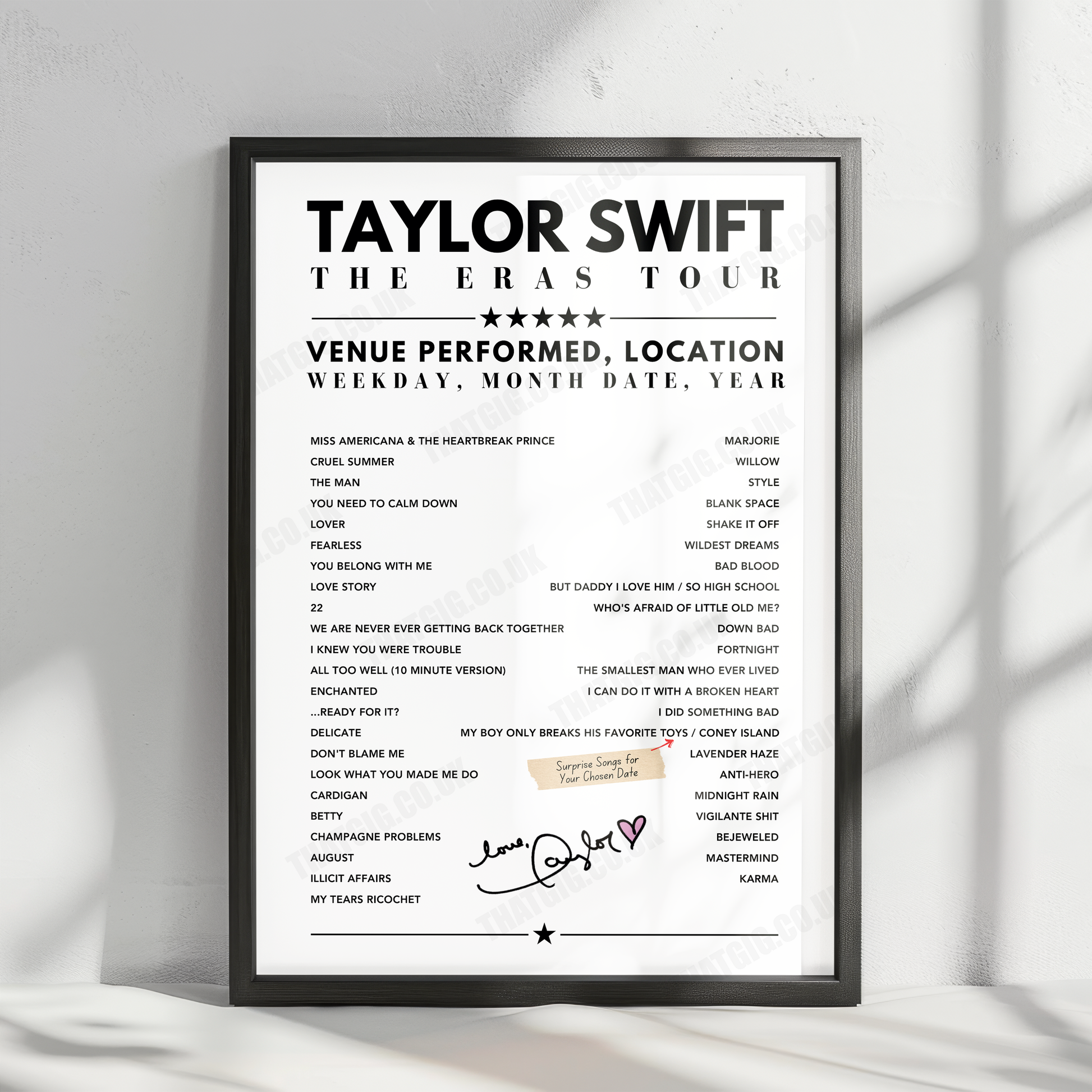 Taylor Swift Setlist Poster - Gillette Stadium, Foxborough - May 19th, 2023