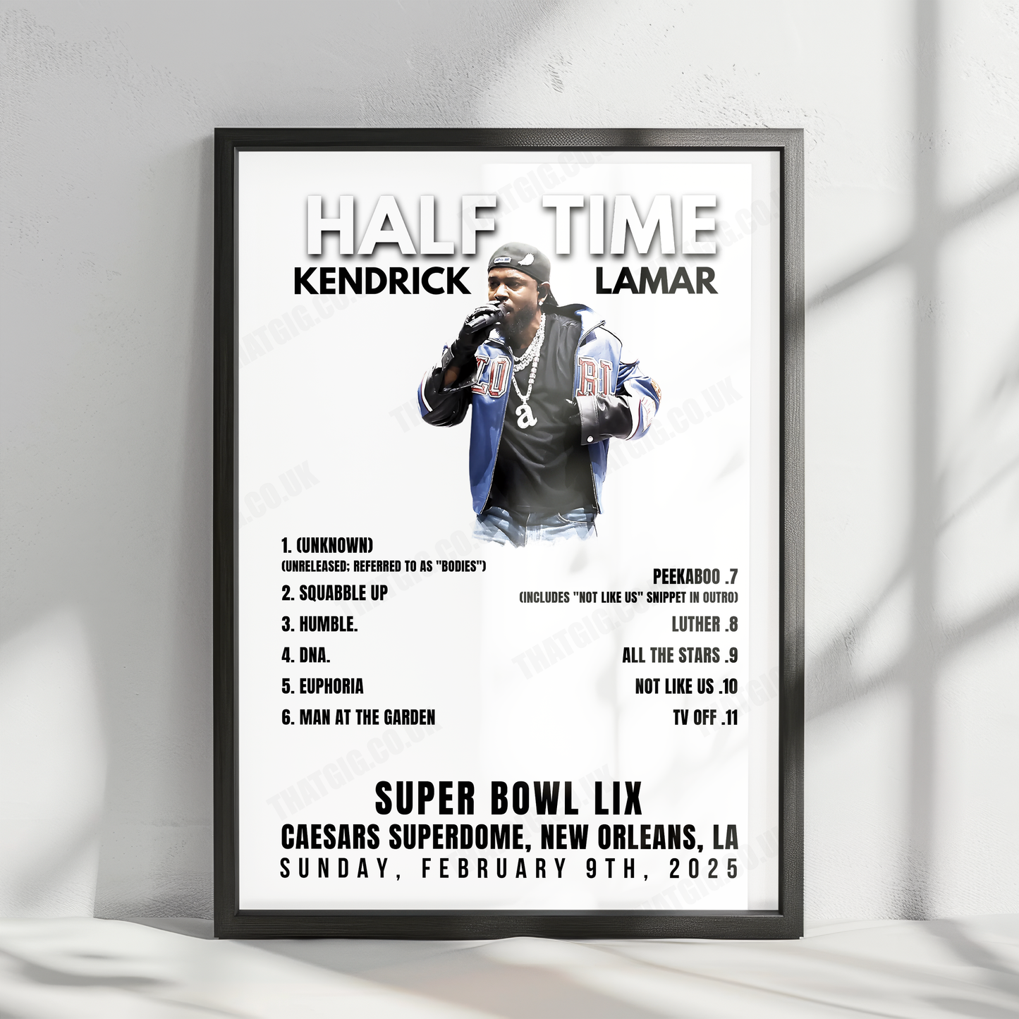 Kendrick Lamar Setlist Poster - Halftime Super Bowl LIX, Caesars Superdome, New Orleans - February 9th, 2025