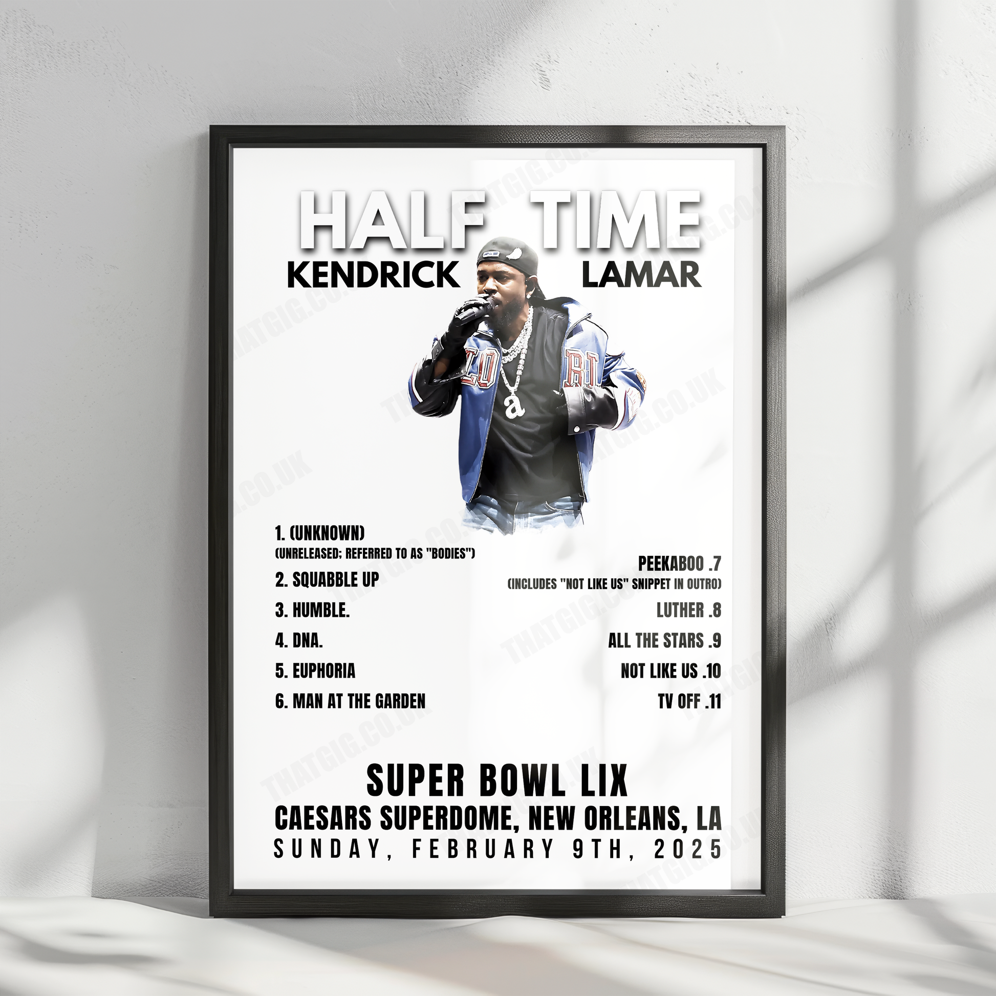 Kendrick Lamar Setlist Poster - Halftime Super Bowl LIX, Caesars Superdome, New Orleans - February 9th, 2025