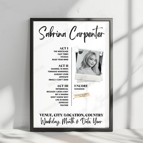 Sabrina Carpenter Setlist Poster - The O2 Arena - March 9th, 2025