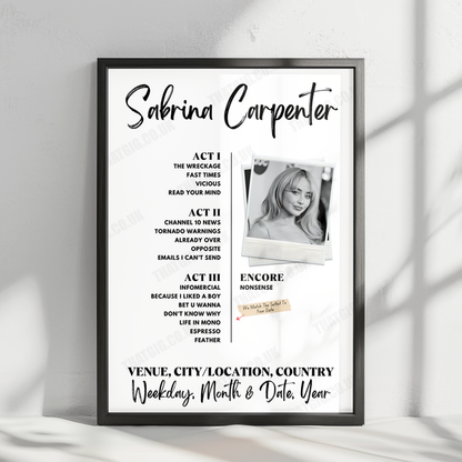 Sabrina Carpenter Setlist Poster - The O2 Arena - March 9th, 2025