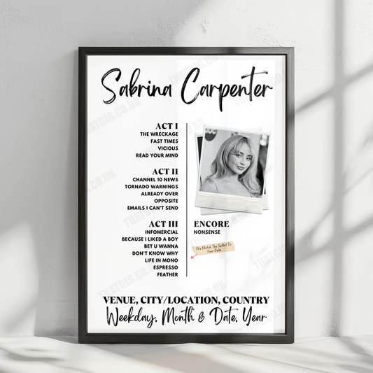 Sabrina Carpenter Setlist Poster - The O2 Arena - March 9th, 2025