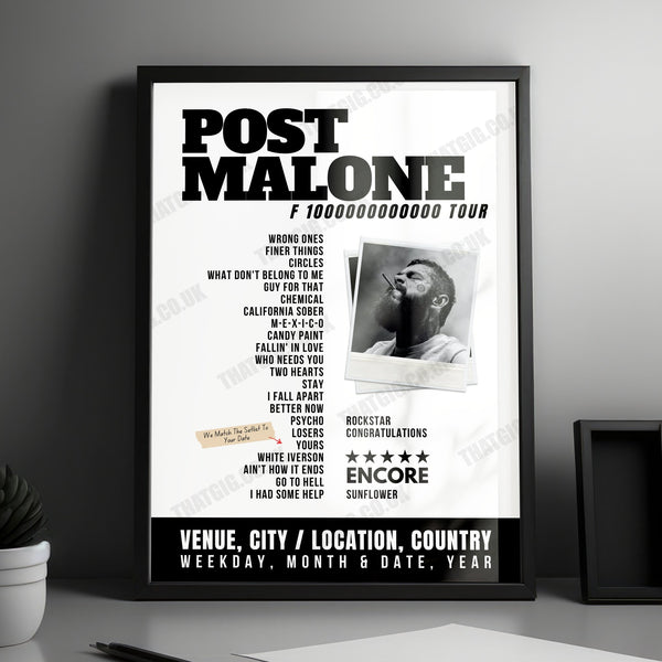 Post Malone Setlist Poster - Zouk Nightclub, Las Vegas - February 11th, 2024