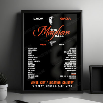 Lady Gaga Setlist Poster - The O2 Arena, London - October 2nd, 2025