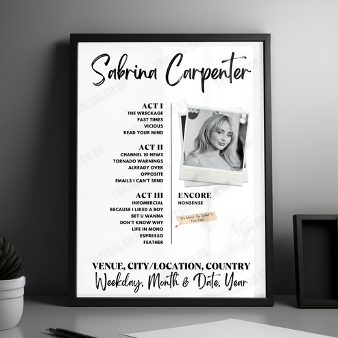 Sabrina Carpenter Setlist Poster - The O2 Arena - March 9th, 2025