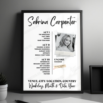 Sabrina Carpenter Setlist Poster - The O2 Arena - March 9th, 2025