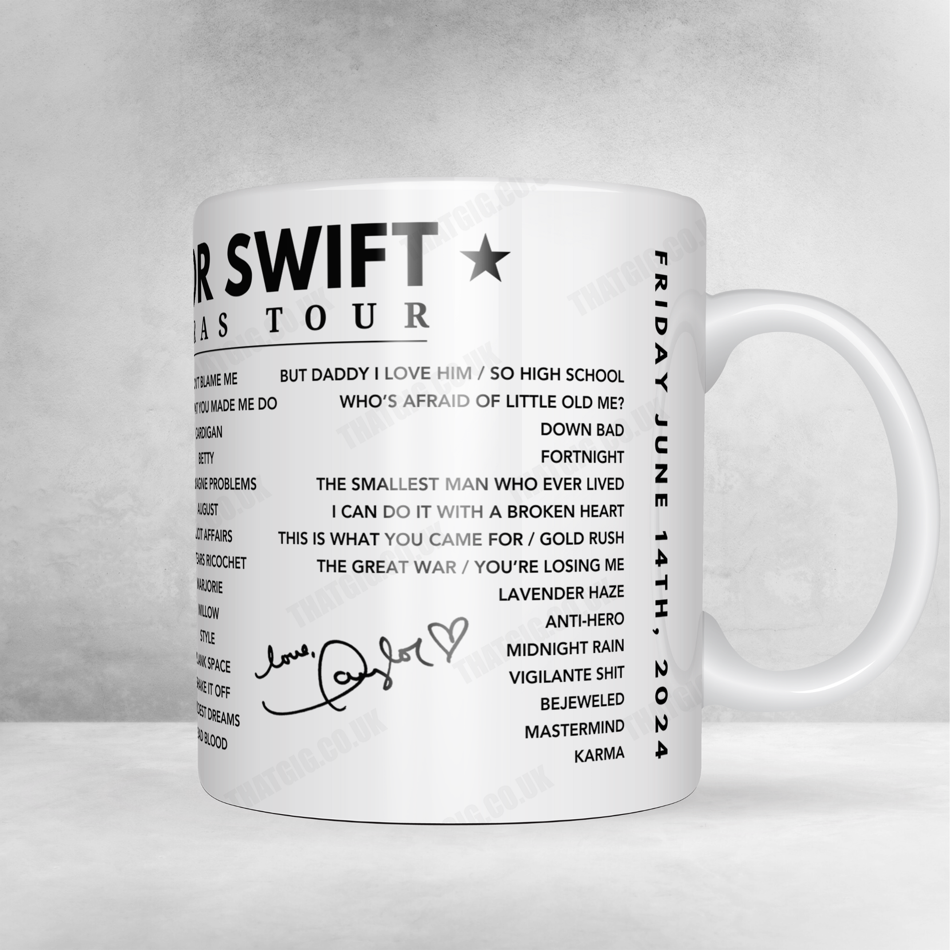 Taylor Swift Setlist Mug - BC Place Stadium, Vancouver, BC, Canada - December 7th, 2024