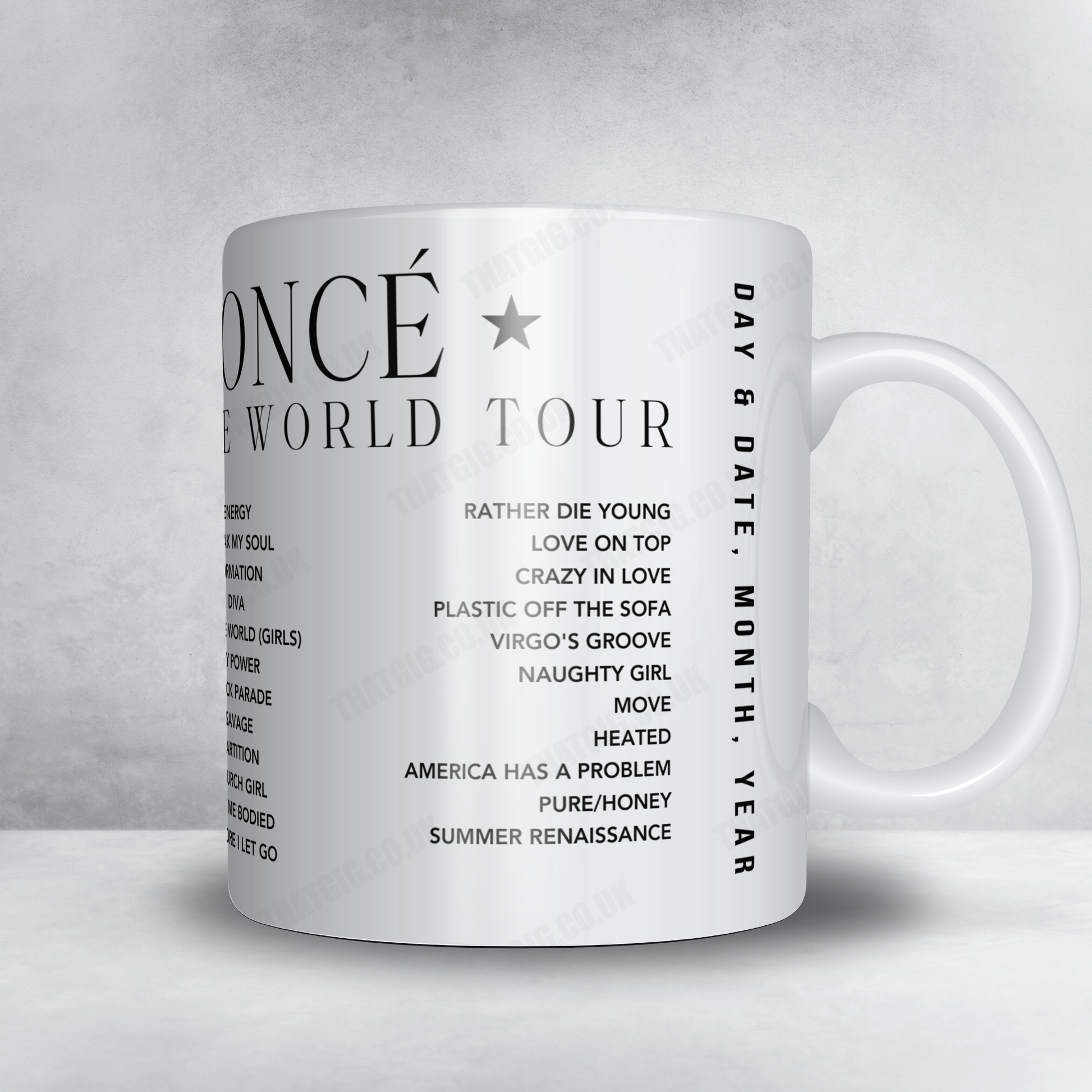 Beyoncé Setlist Mug - Raymond James Stadium, Tampa - August 16th, 2023
