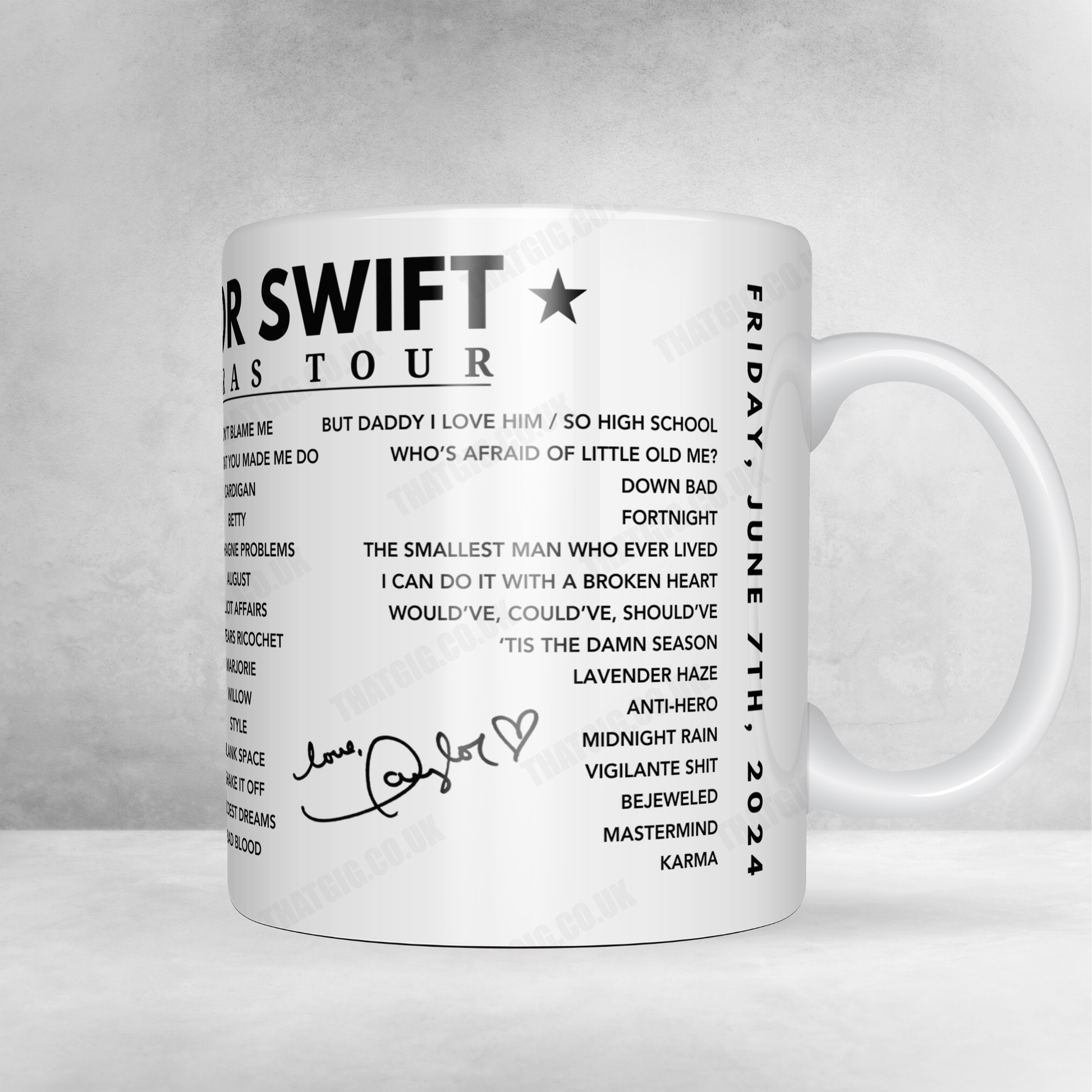 Taylor Swift Setlist Mug - Scottish Gas Murrayfield Stadium, Edinburgh - June 7th, 2024