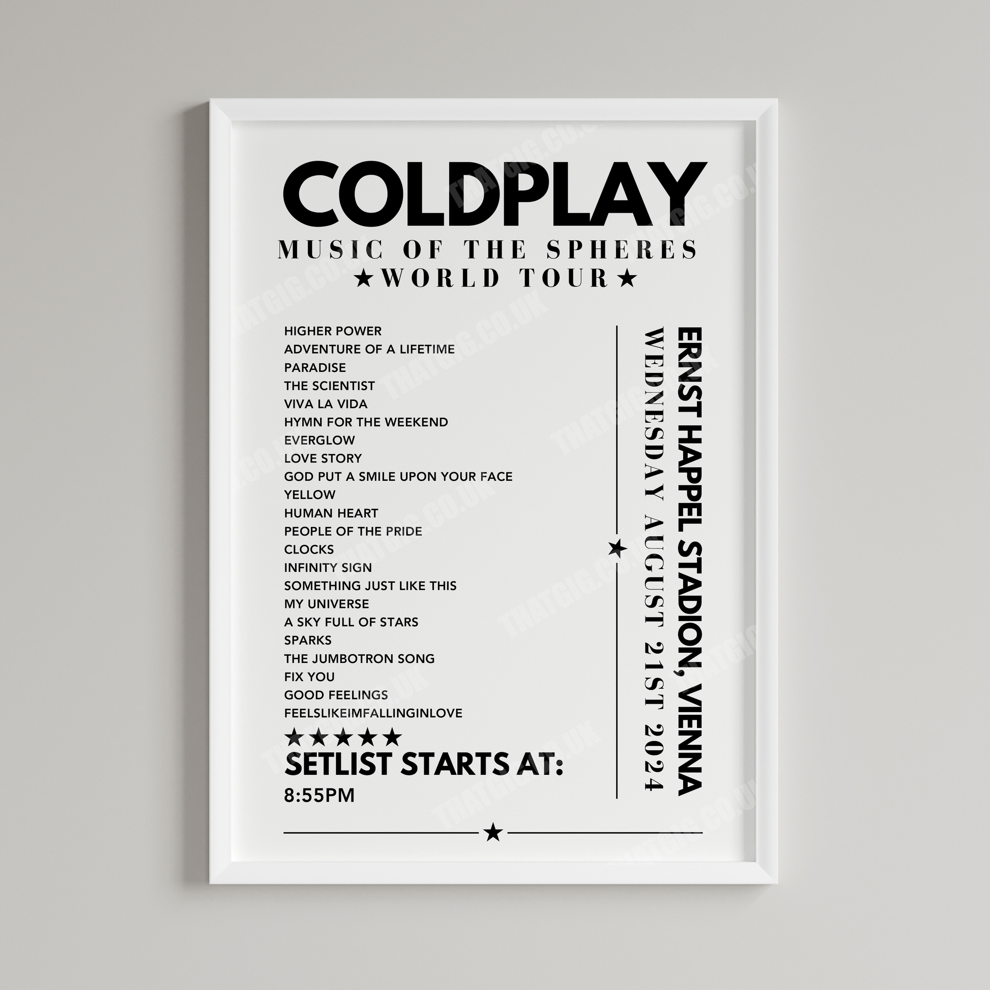 Coldplay Setlist Poster - Ernst Happel Stadion, Vienna - August 21st 2024