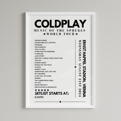 Coldplay Setlist Poster - Ernst Happel Stadion, Vienna - August 21st 2024