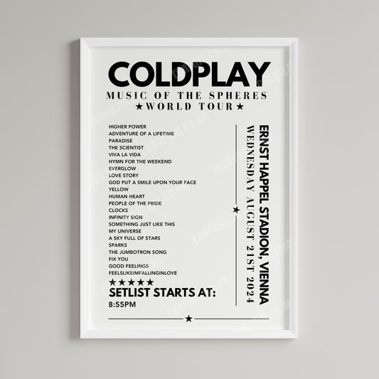 Coldplay Setlist Poster - Ernst Happel Stadion, Vienna - August 21st 2024