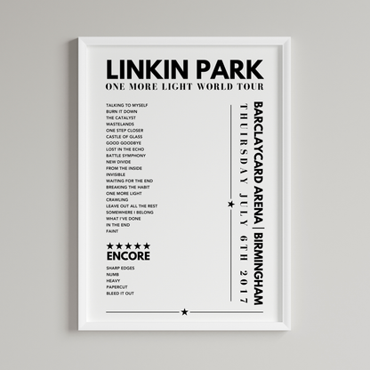 Linkin Park Setlist Poster - Barclaycard Arena, Birmingham - July 6th 2017