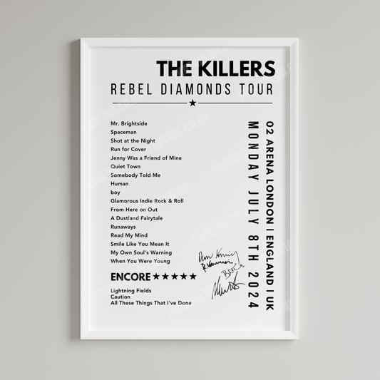 The Killers Setlist Poster - 02 Arena, London, England on July 8th, 2024
