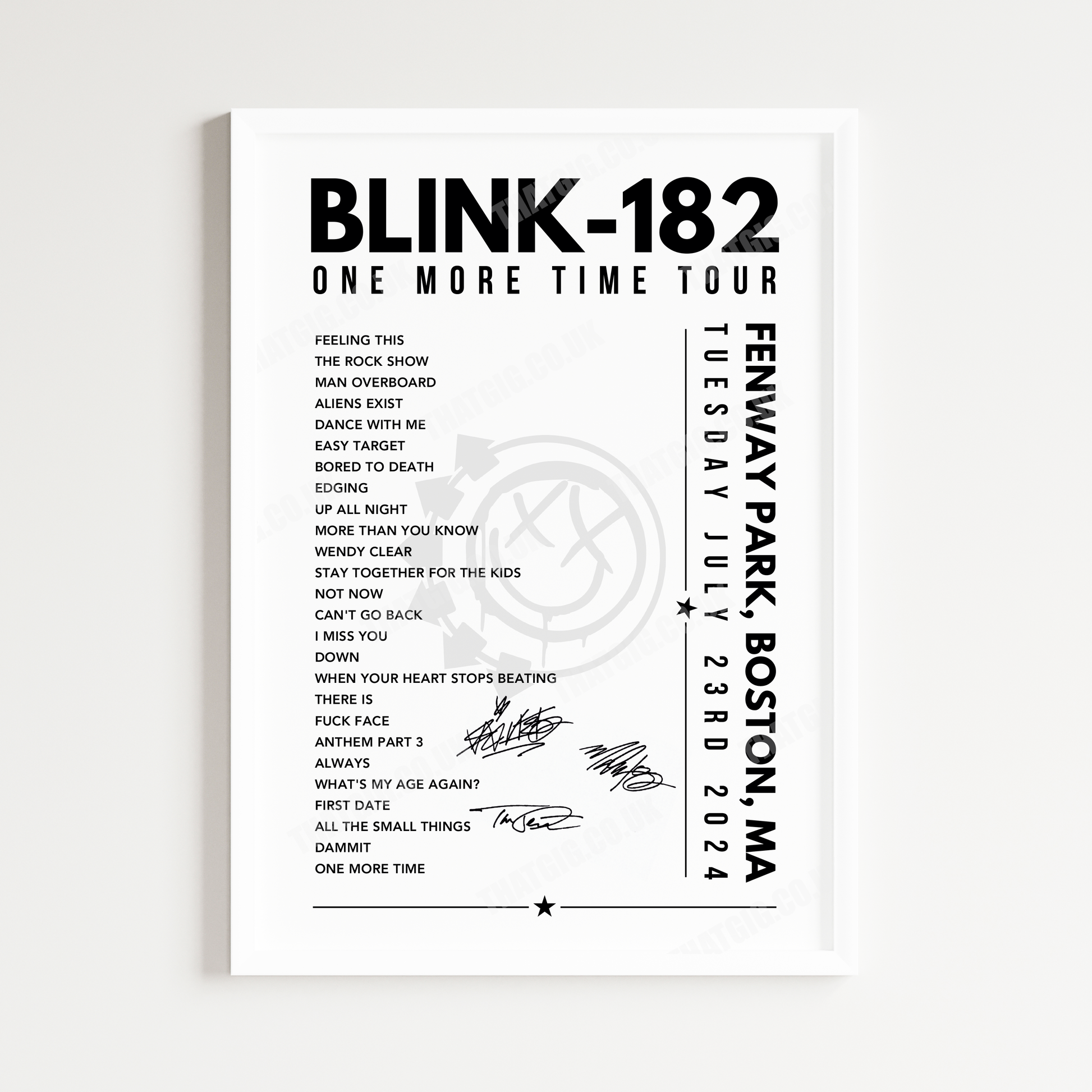 Blink-182 Setlist Poster - Fenway Park, Boston, USA - July 23rd, 2024