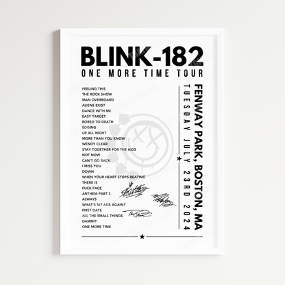 Blink-182 Setlist Poster - Fenway Park, Boston, USA - July 23rd, 2024