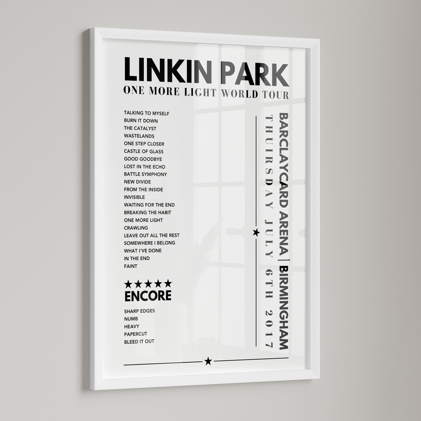Linkin Park Setlist Poster - Barclaycard Arena, Birmingham - July 6th 2017