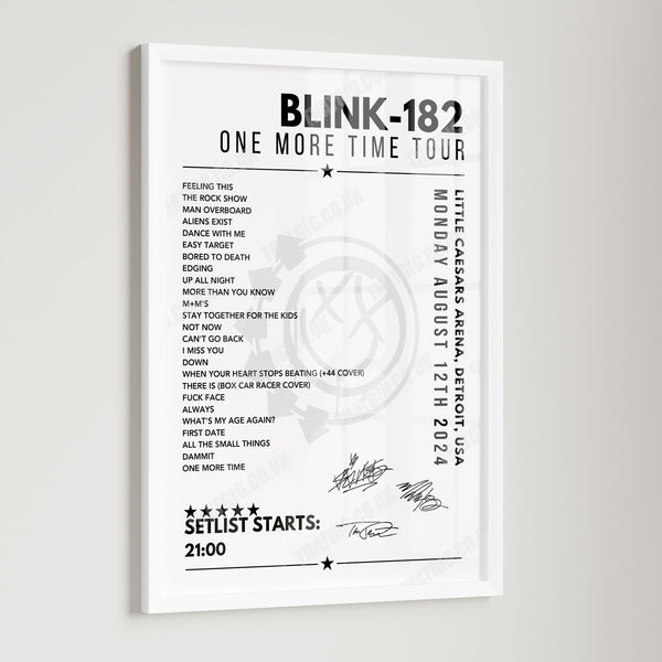 Blink-182 Setlist Poster - Little Caesars Arena, Detroit - August 12th 2024