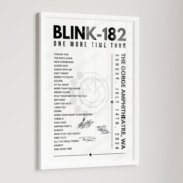 Blink-182 Setlist Poster - The Gorge Amphitheatre, George, USA - July 14th, 2024