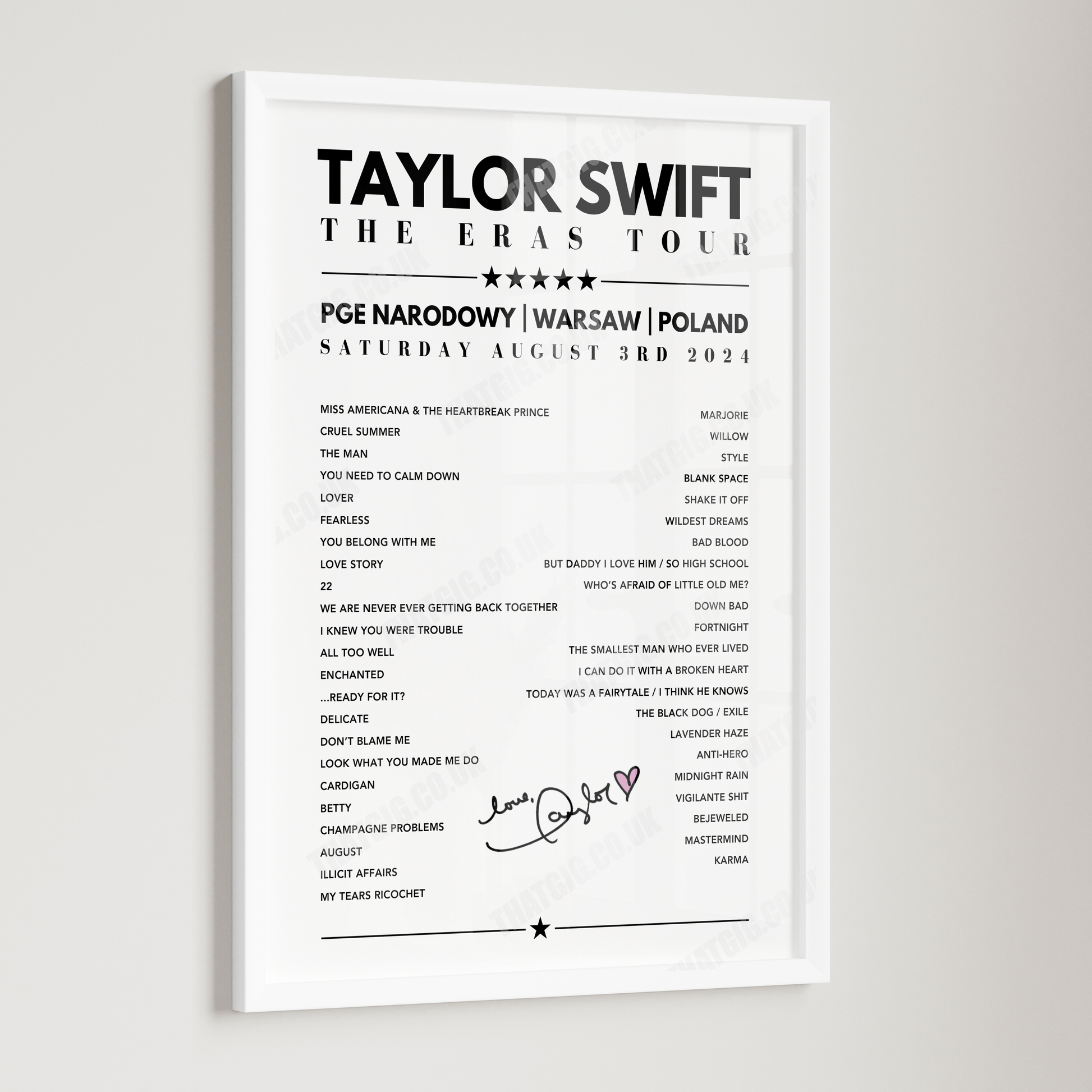 Taylor Swift Setlist Poster - PGE Narodowy, Warsaw - August 3rd, 2024