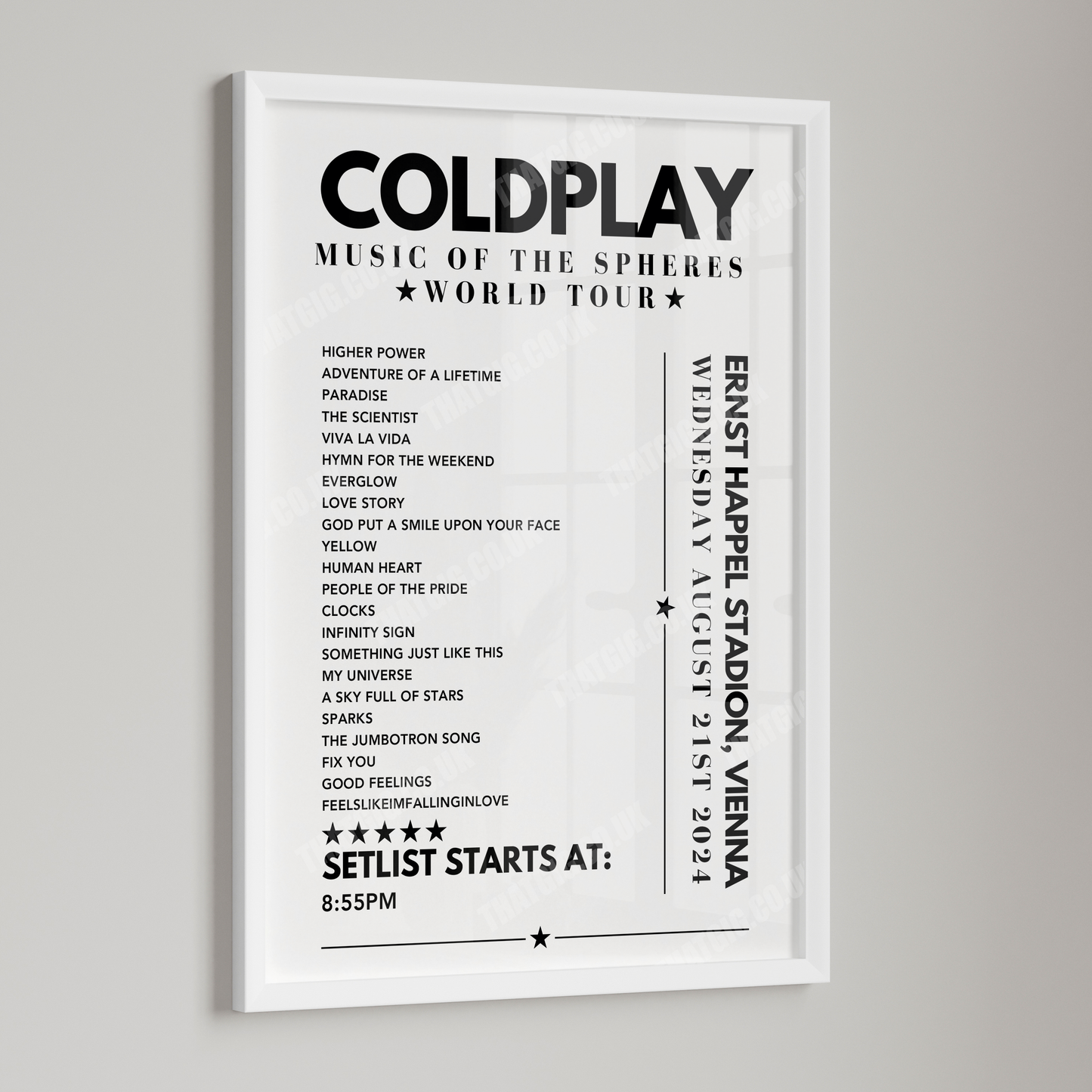 Coldplay Setlist Poster - Ernst Happel Stadion, Vienna - August 21st 2024