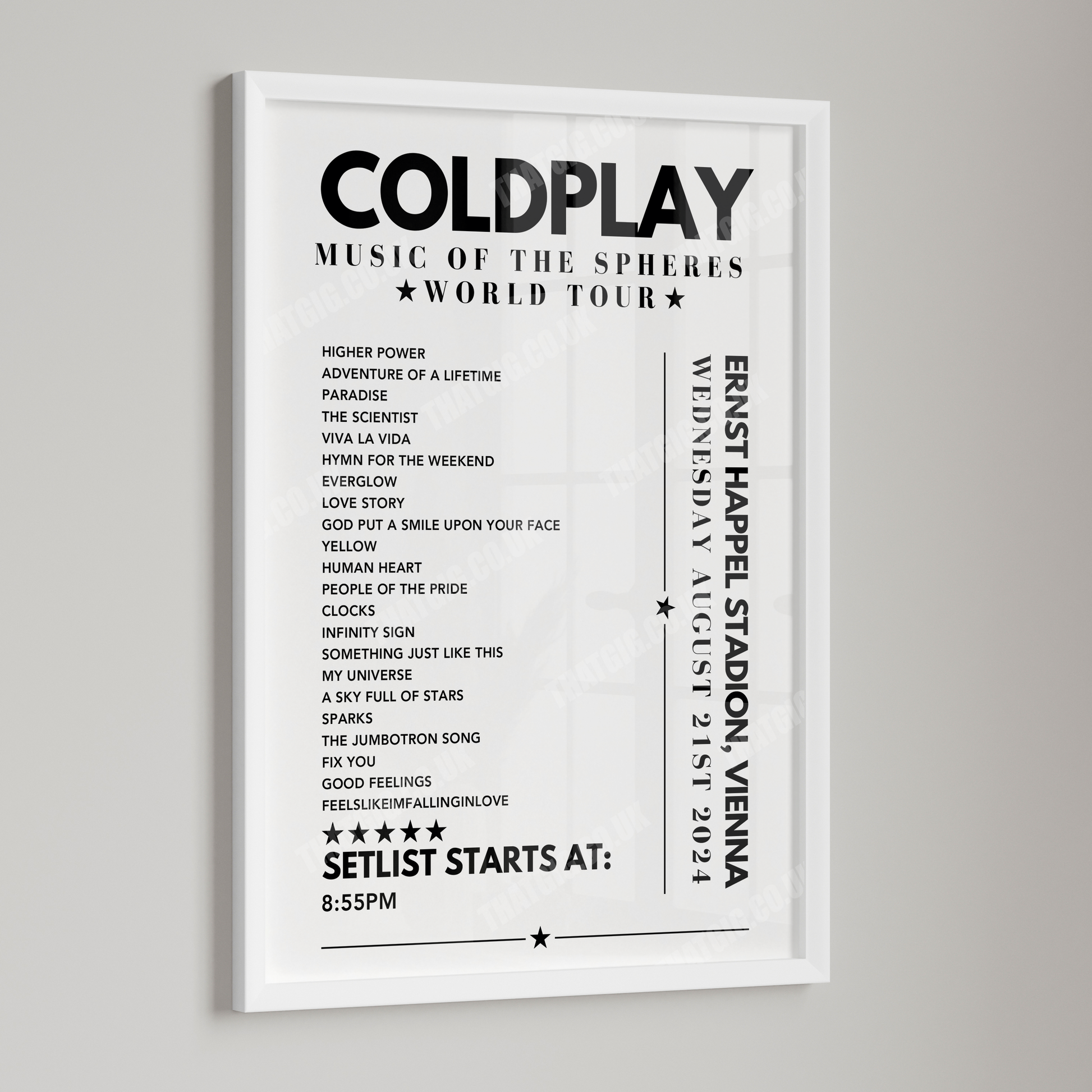 Coldplay Setlist Poster - Ernst Happel Stadion, Vienna - August 21st 2024