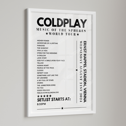 Coldplay Setlist Poster - Ernst Happel Stadion, Vienna - August 21st 2024