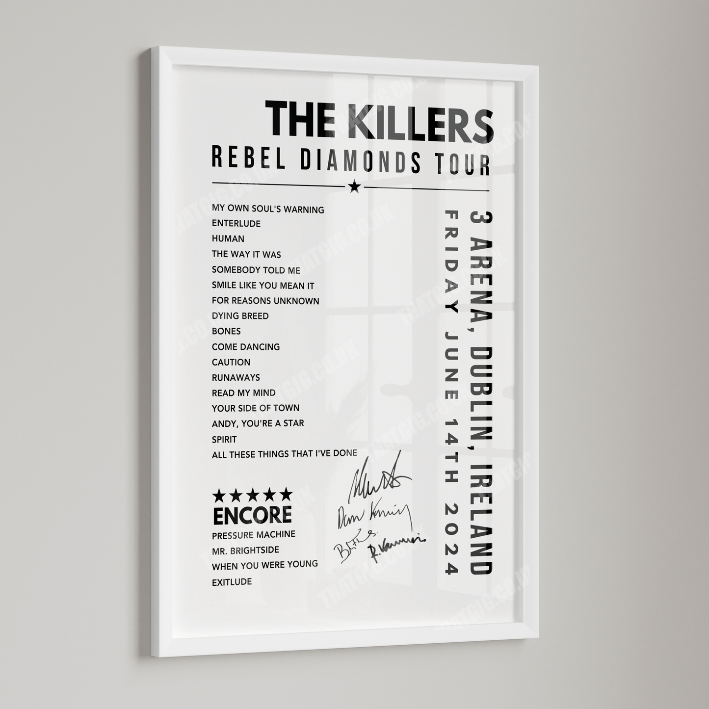 The Killers Setlist Poster - at the 3Arena, Dublin - June 14th, 2024
