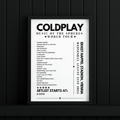 Coldplay Setlist Poster - Ernst Happel Stadion, Vienna - August 21st 2024